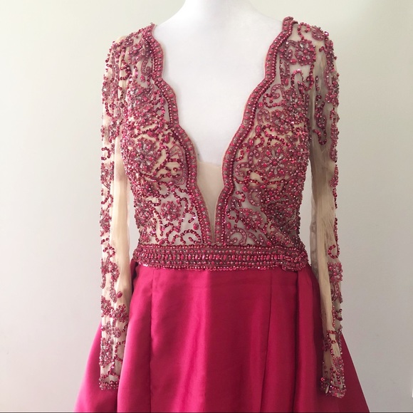 Jovani Pink Red Jeweled Long Sleeve Mermaid Dress 14 Formal Pageant Prom 46708 - Picture 3 of 13